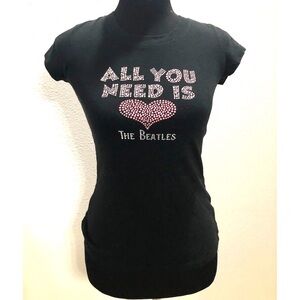 Beatles Black Fitted Tee, Cap Sleeves with All You Need Is Love Design